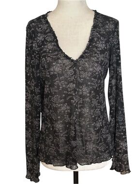Jacob Black & White Semi Sheer Floral Print V-Neck Long Sleeve Top L